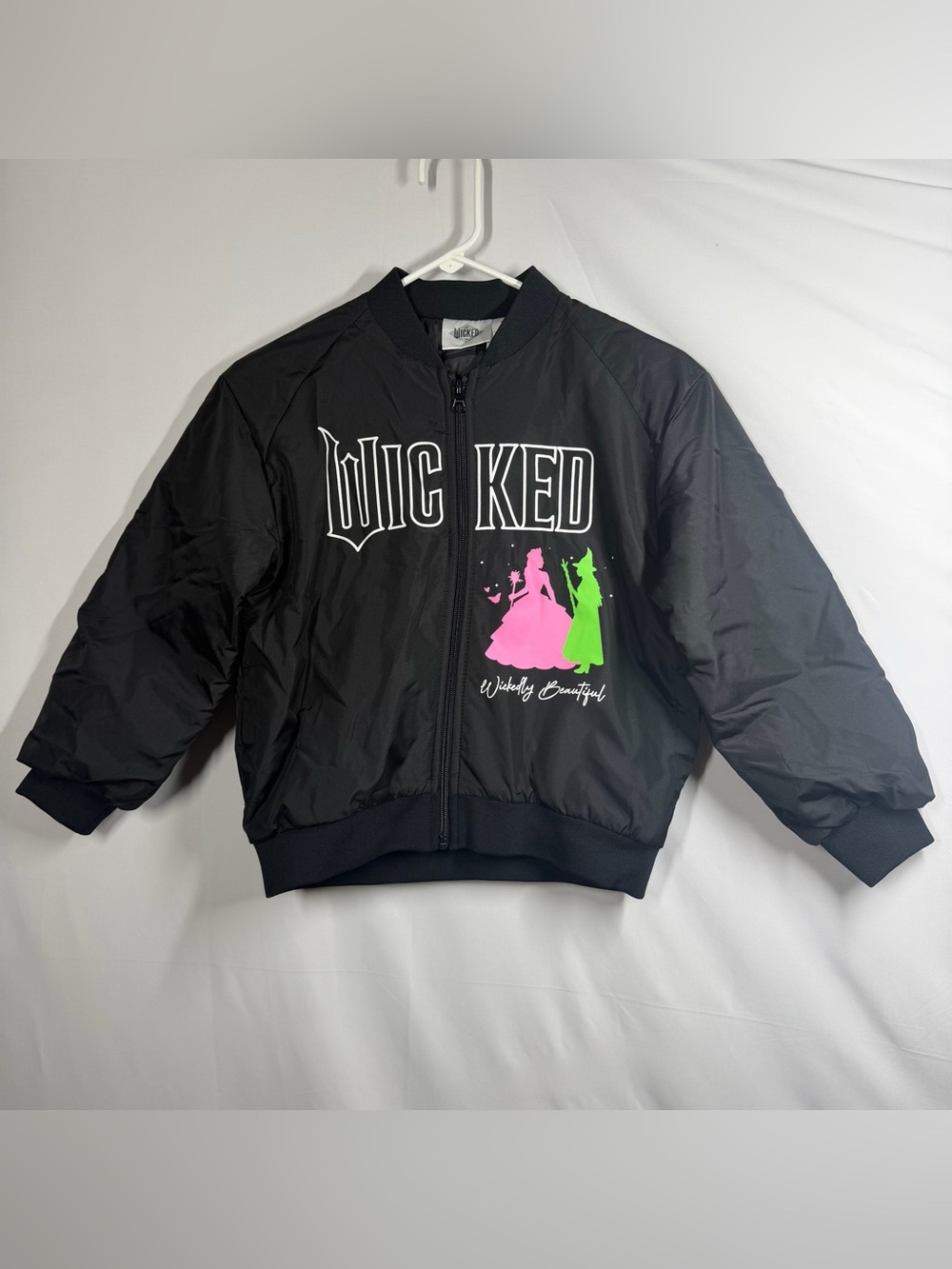 Wicked Kids Black Bomber Jacket with Pink & Green Princess Graphic Wizard of Oz